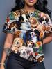 Women'S Full-Body Puppy And Floral Dog Print T-Shirt- Short-Sleeved. Round-Neck Casual Top Featuring Multiple Dog Breeds. Machine Washable Apparel for