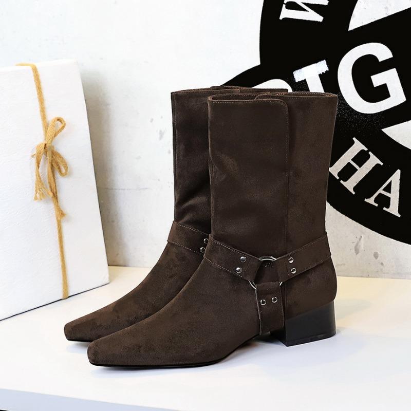 Retro Suede Women'S Boots Fashion Pointed Thick Heel Knight Boots For Women Designer Belt Buckle Women'S Shoes Botas Para Mujer