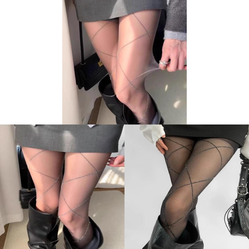 Dámské Punčochové Kalhoty Větších Velikostí Se Stříbrnou Nití a Křížovým Vzorem Pro Letní Sexy Vzhled