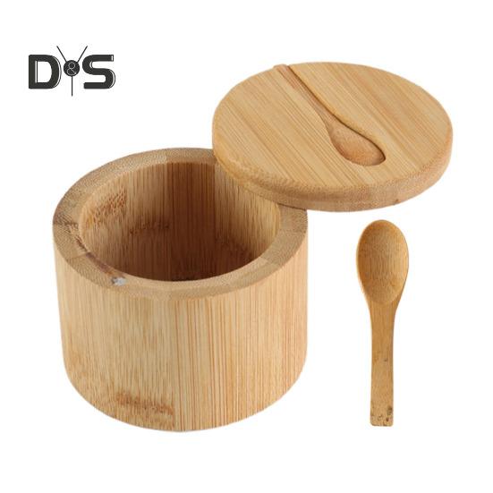 Bamboo Salt Cellar with Magnetic Swivel Lid Round Salt Box for Storing Salt Pepper Sugar Herbs Functional Spice Container Storage Tank