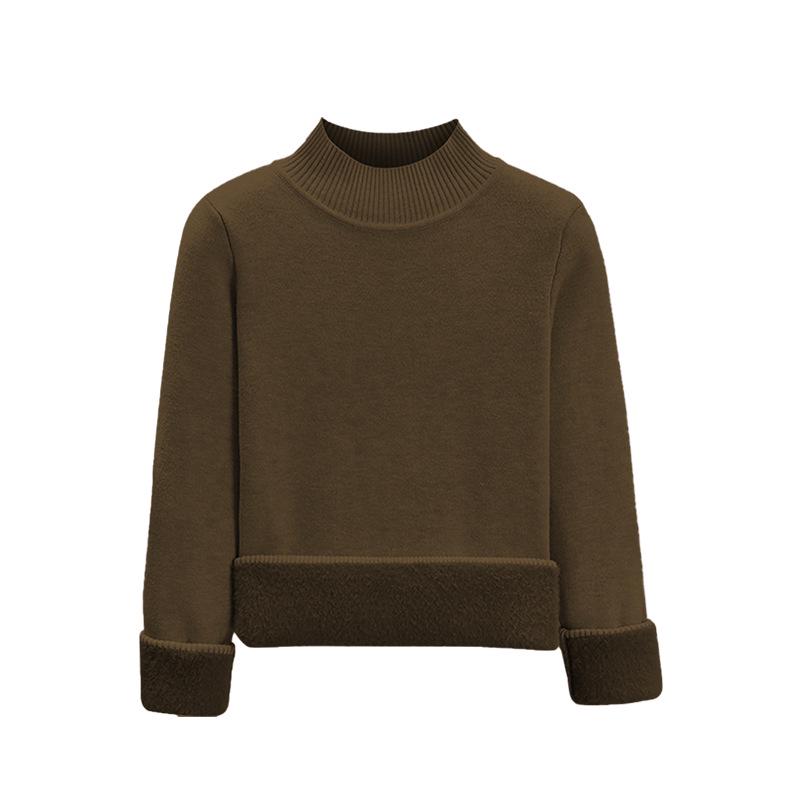 2025 Autumn/Winter Women's Plus Velvet Thick Warm One-Piece Knit Base Layer Sweater with Half-High Collar - Stylish & Slimming