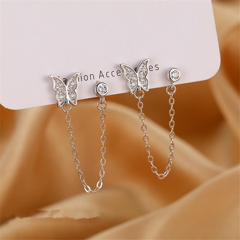 1 For Women Pcs Sterling Silver Color Tassel Long Chain Butterfly Round Bead Stud Earrings Girls Jewelry Pendientes Eh1668Trendy Chain