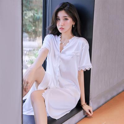 Fashion High-End Wavy Lace Short-Sleeved Shirt Summer Nightdress Women'S Sweet Wind Loungewear Can Be Worn Outside