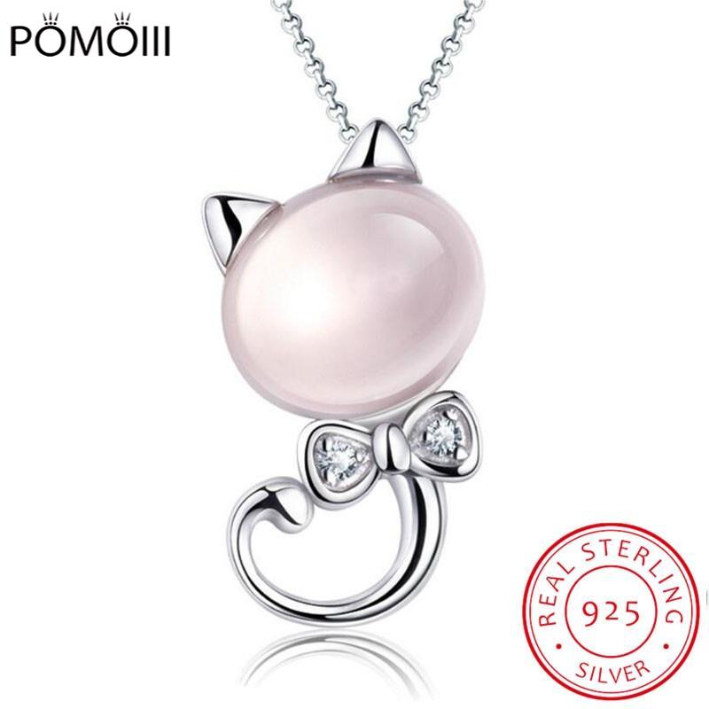 Collier avec pendentif chat en argent sterling 925 et pierre de lune rose, chaîne à maillons de 45 cm, cadeau pour femme