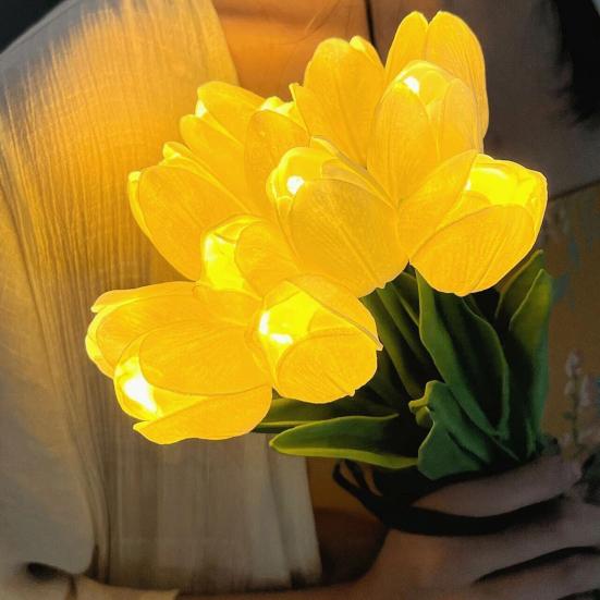 LED-belyste kunstige tulipaner Blomsterlampe Real Touch Falske Tulipaner Buket Natlys med Bånd til Valentinsdag Påske Hjem Køkken Bryllupsdekoration