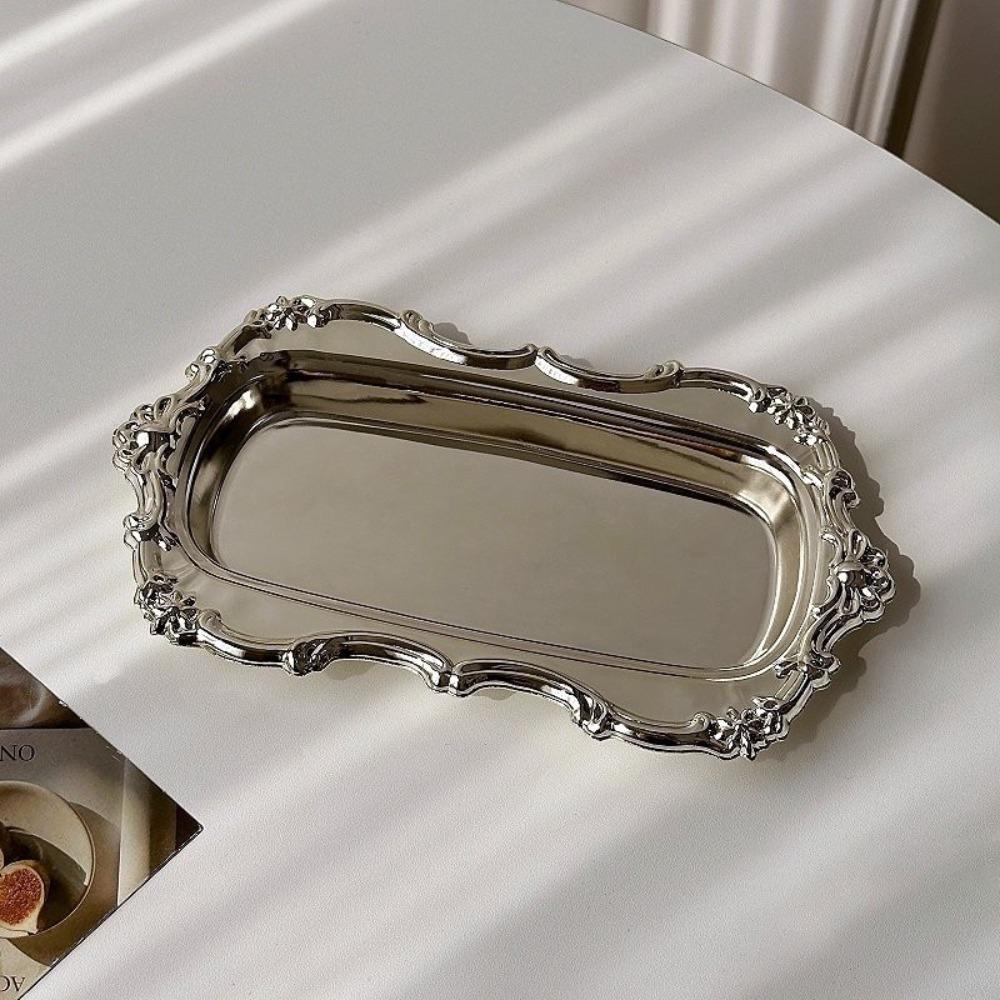 Stainless Steel Dessert Plate Embossed Jewelry Storage Plate Vintage Cake Tray  Home Decoration