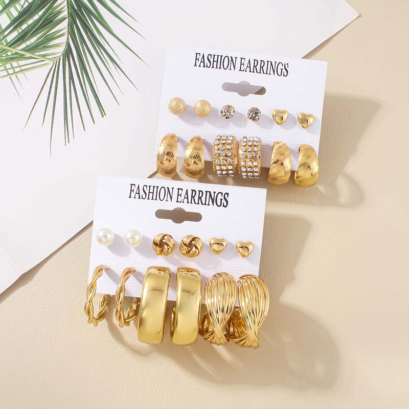 6Pcs/Set Vintage Gold Color Twisted Hoop Earrings Set For Women Minimalist Metal Heart Geometric Chunky Earring Jewelry