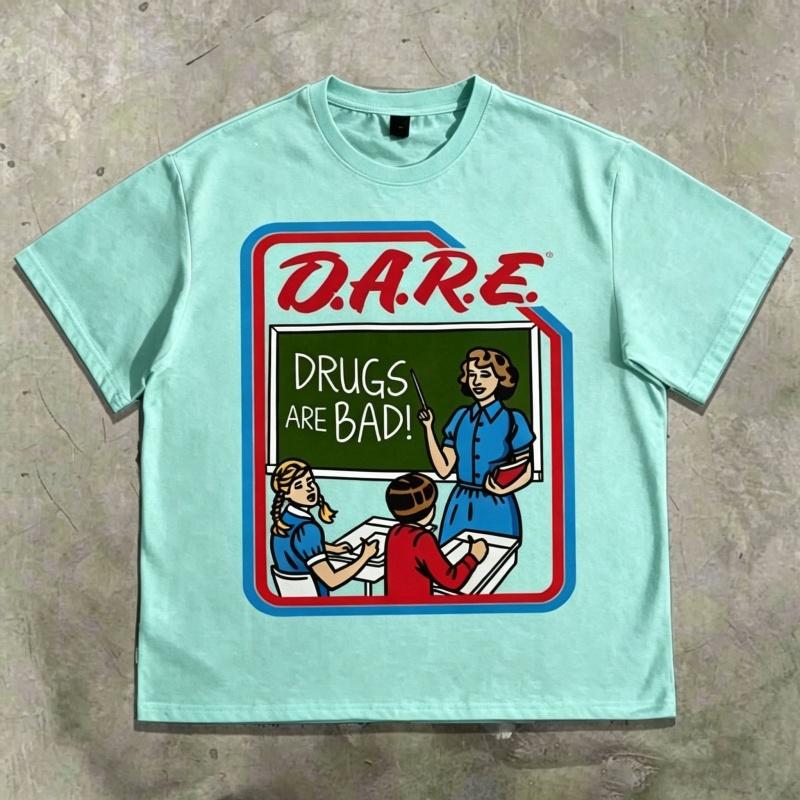 Heren T-shirt met retro DARE sloganprint, kortärmig T-shirt en Amerikaanse streetstyle ronde hals heren casual top