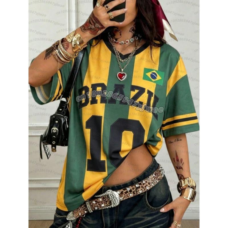 Women Sports stripe Argentina No.7  Print Short Sleeve v-Neck Women's  Plus-Size soccer fans T-Shirt