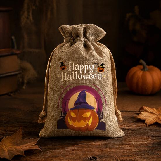 Halloween Party Supplies 2Pcs Pumpkin Drawstring Bags for Candy Treats, Retro Burlap Handmade Style Trick or Treat Bags, Portable Goodie Kids
