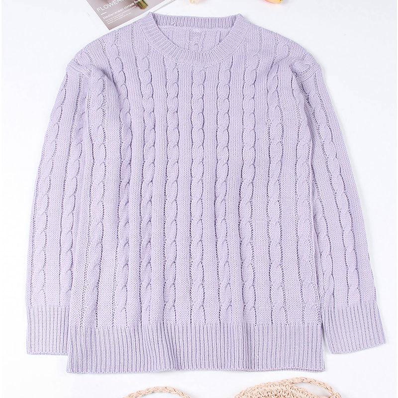 Suéter Pulôver Feminino de Malha Manga Longa Cor Sólida Twist Gola Redonda Outono e Inverno