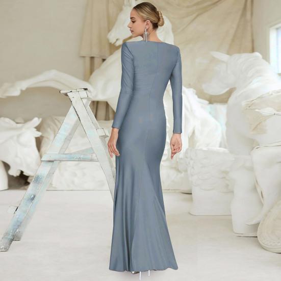 Women Evening Dress Pleated Knot Decor Slim Fit Round Neck Back Zipper Closure Full Length Wedding Party Prom Maxi Dress
