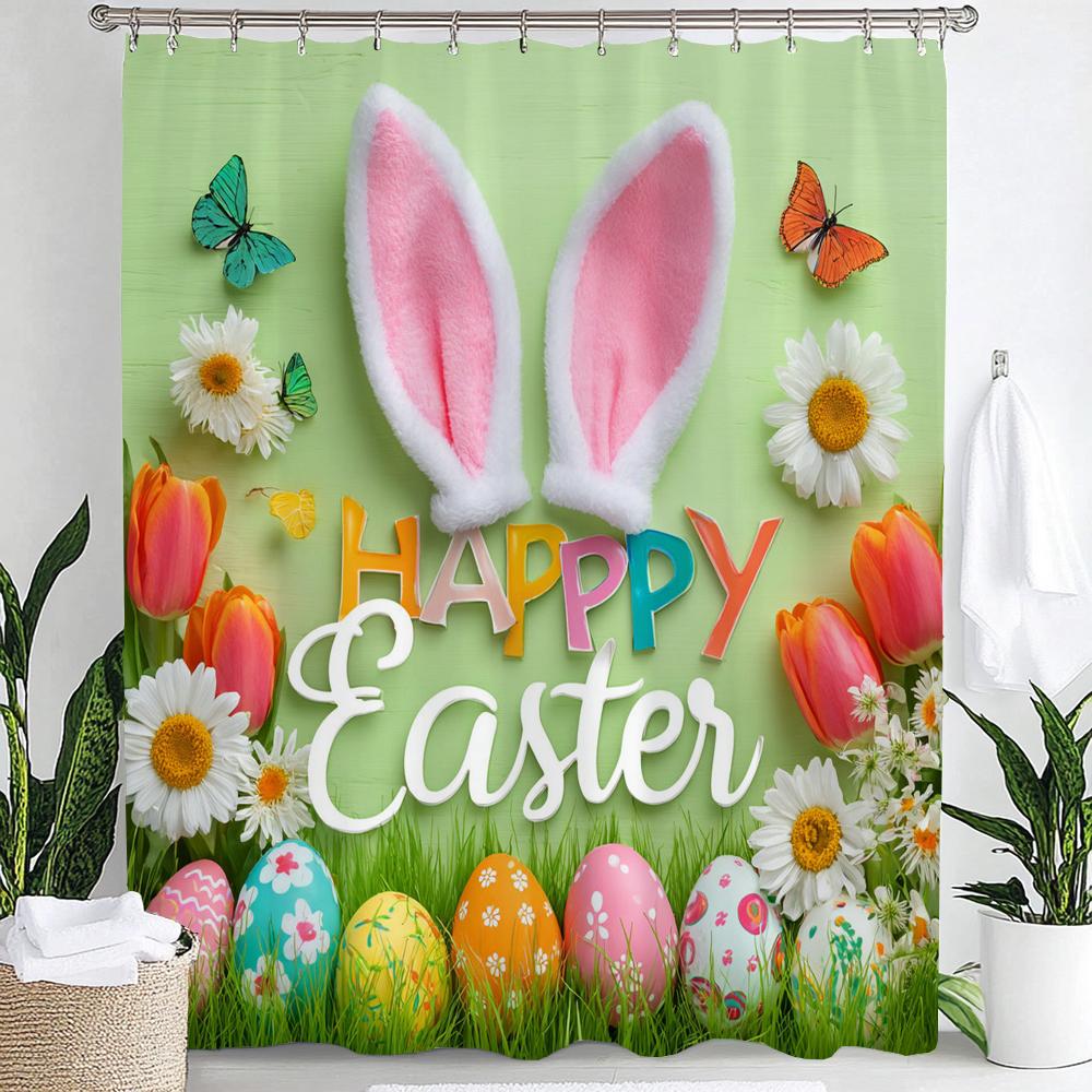 Cute Bunny Shower Curtain, Egg Happy Easter Floral Spring Bathroom Curtain, Modern Decorative Fabric Home Curtain With Hooks