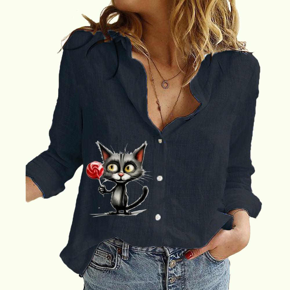 Women Fashion Buttoned Long Sleeve Shirt Ladies Casual Thin Cotton Linen Top Cat Print Long Sleeved Blouse