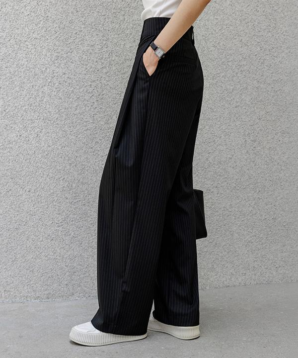 Peulenchisikeu [Life360] [3-Fold Length] Belle Époque Folding Pintuck Stripe Wide Slacks_F6S238Sl (G Type)