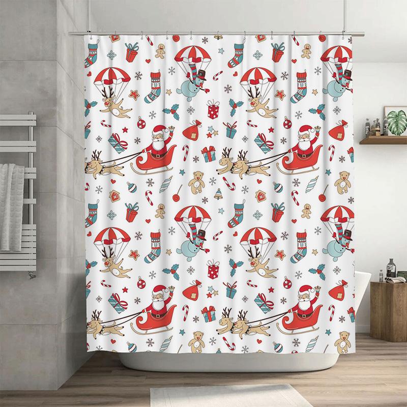 TU Christmas Shower Curtain Cute Santa Claus Pattern Holiday Festive Bathroom Decor Waterproof Fabric Holiday Gift XMAS Themed H
