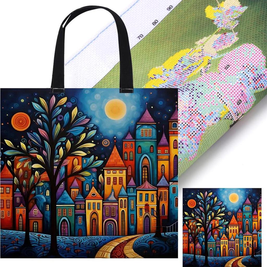 11CT Colorful House Cross Stitch Canvas Tote Bag Embroidery Kit Personalized Bag Manual Cross Stitch Handbag Gift for Friends