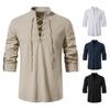 Men's New Cotton Hemp Henry Shirt Long Sleeve Hippy Casual Beach Standing Collar Shirt