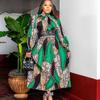 Large Size Women's Fashion Spring Autumn Long Sleeves Pleated Dress Ladies One Piece Printed Long Dress