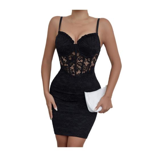 Damen Sexy Spaghettiträger Bodycon Mini Kleid V-Ausschnitt Blumen Spitze Transparentes Cami Kleid Party Club Cocktailkleid