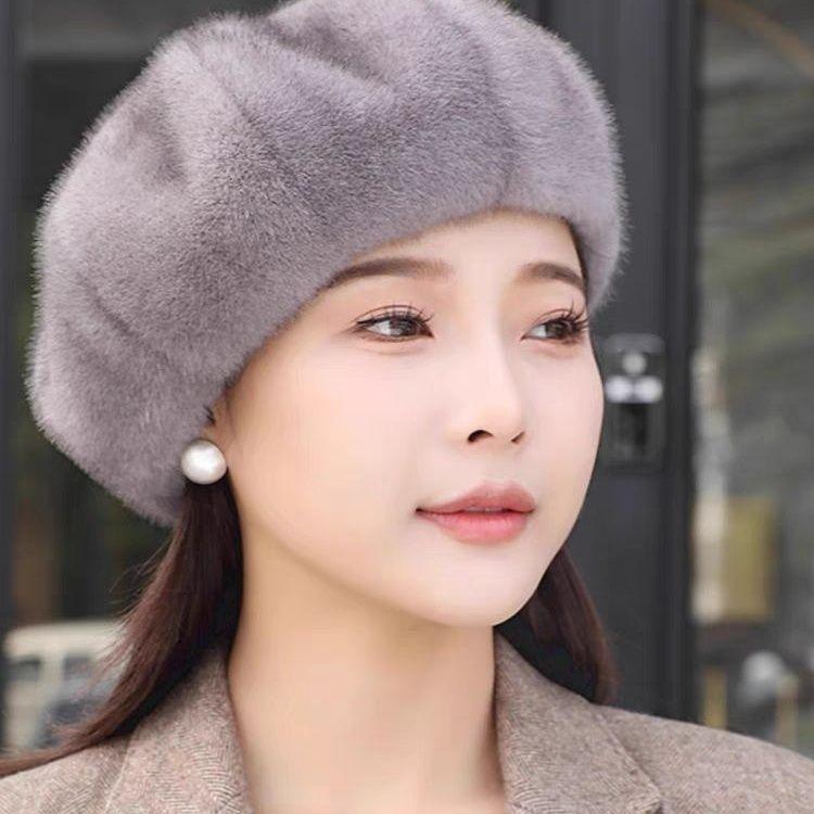 Winter Fashion Faux Mink Fur Beret Hat for Women - Warm Artistic Retro Painter Cap with Buckle Closure, Hand Knit, Non-Stretch, Festive Occasion