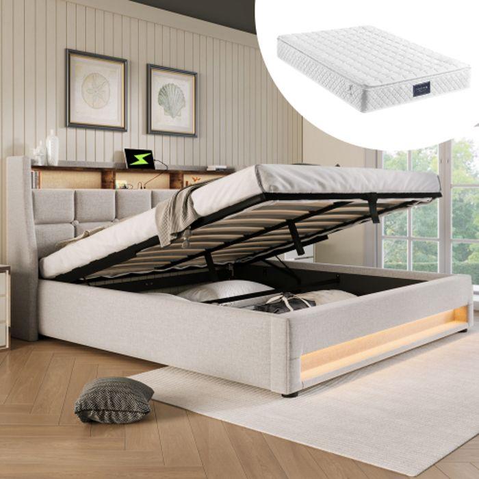 Lit double - MUVOE - 140x200cm - Rembourré avec USB - Éclairage LED - Style Vintage