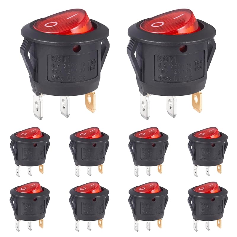 Round Rocker Switch Red Light Illuminated On Off 3 Pin 2 Position Mini Rocker Switch 125V 10A 250V 6A KCD1 Small Circle Toggle Switches For RV Car