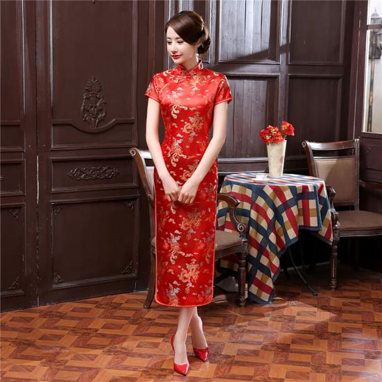 Women Short Sleeve Dragon Phoenix Print Chinese Cheongsam Banquet Midi Dress