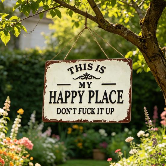 Funny Metal Decorative Sign This Is My Happy Place Don't F**k It Up Metal Sign Vintage Wall Art Sign for Man Cave Bedroom Garage Decor