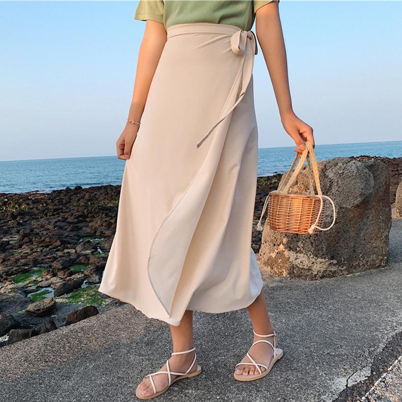HI-FASHION Summer Elegant Stain Women A-Line Long Skirts Side Split High Waist Fashionable Umbrella Beach Female Skirts