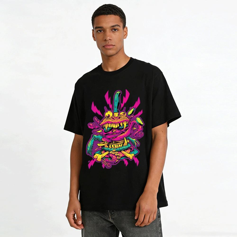 Horror Monster Burger Graphic Tee Edgy Streetwear Dark Fashion Top Pure Cotton T-shirt