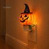 Plug-in Night Light Halloween Pumpkin Ghost with Witch Hat, Resin Soft Glow Gift for LED Bedroom Light, Spooky Wall Sconce Party Home Lighting