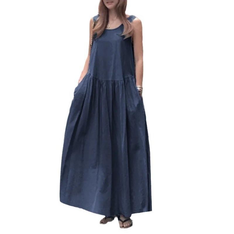 Summer Casual Round Neck Sleeveless Large Size Loose Solid Color Vest Long Swing Dress