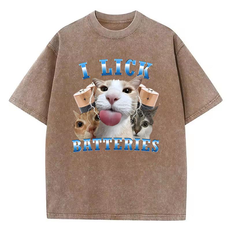 Fashion T Shirt Vintage Washed Cotton T-Shirt I Lick Batteries Funny Cat Graphic Tee Casual Streetwear Spring Summer shirt
