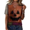 Women’s Fashion Casual Halloween Print V Neck Short Sleeve Decorative Button T Shirt Top for Autumn Daily Wear