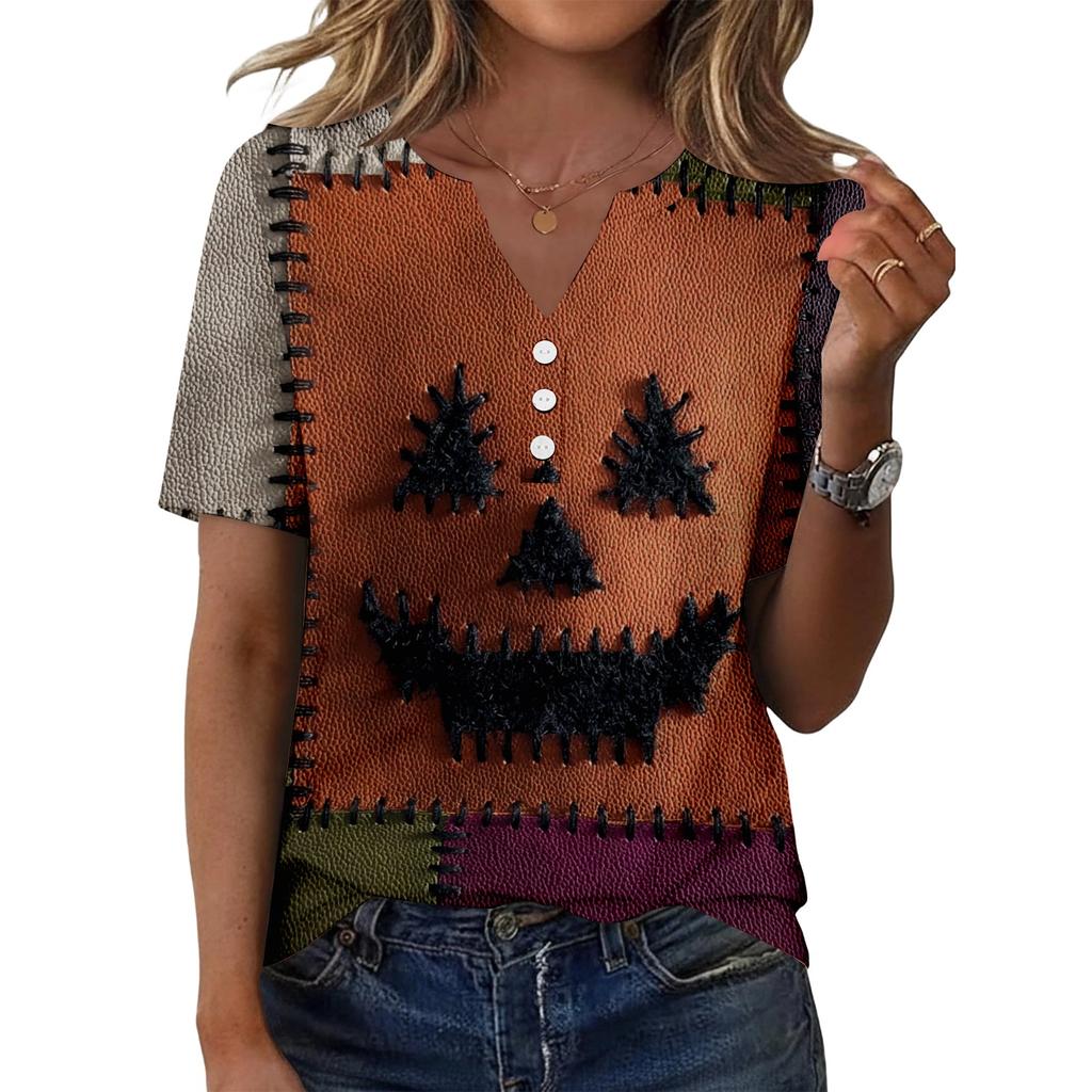Women’s Fashion Casual Halloween Print V Neck Short Sleeve Decorative Button T Shirt Top for Autumn Daily Wear
