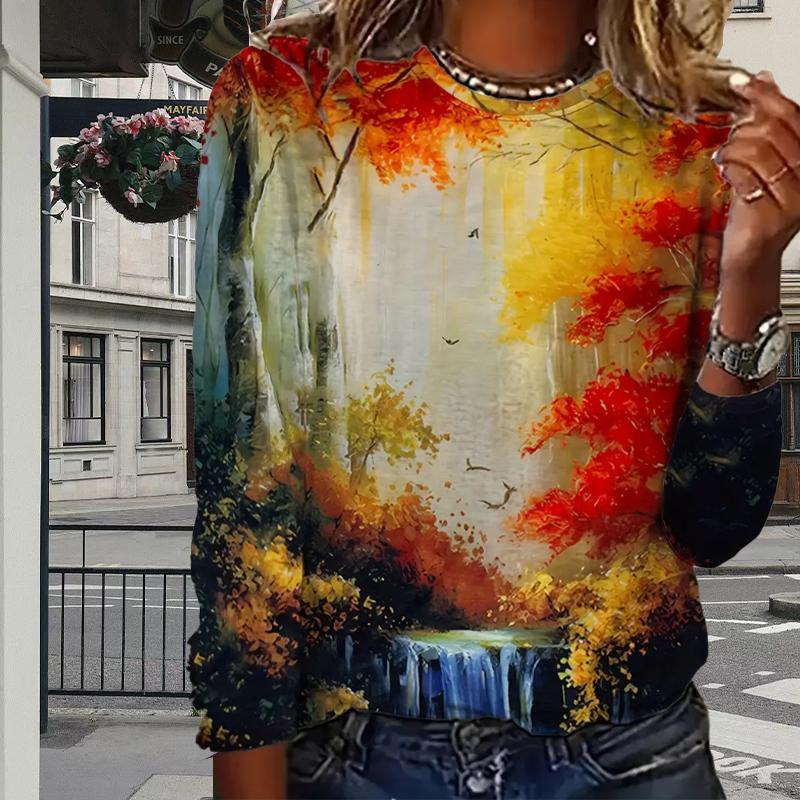 Tops For Women Maple Leaf Watercolor Painting Print Round Neck Long Sleeve T-shirt Fall Casual Slim Pullover Women's Long Sleeve Top