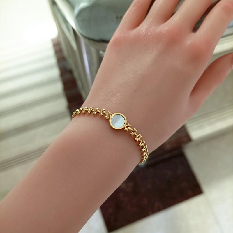 Stainless Steel Link Bracelet Fashion Gold Plated White Shell Round Charm Bracelet For Women