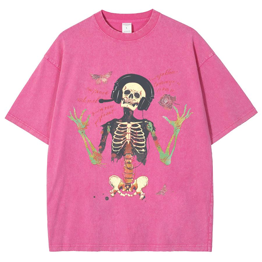 Skull Butterfly Print T-shirt Men Vintage Distressed Washed Short-sleeved Printed T Shirt Tee Tops Couple Tshirts