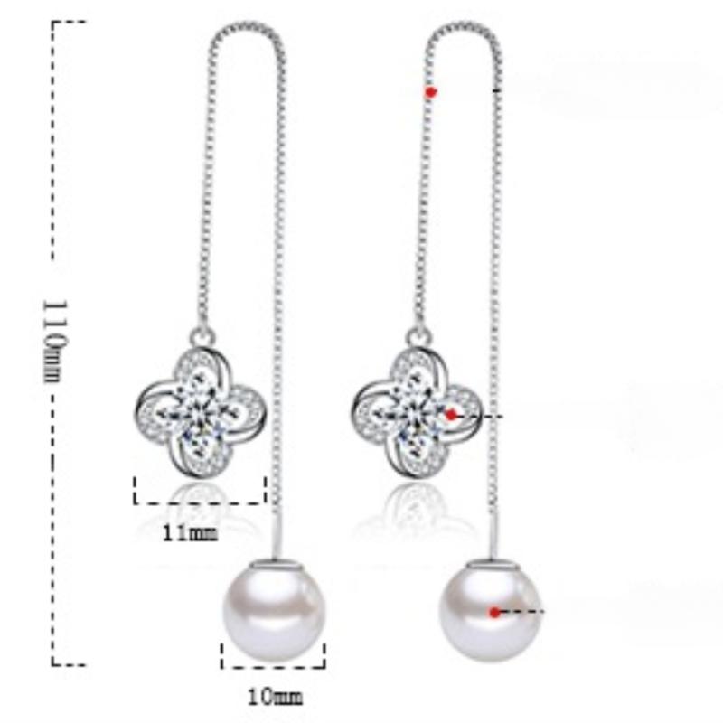 Womens Korean Fashion 925 Silver Plated Anti-allergy Pearl Zircon Crystal Lucky Leaf Grass Ear Line Dangle Drop Stud Earrings Female Ear Jewelry Gift