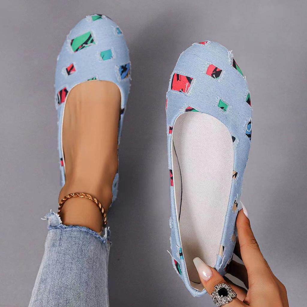 Women Loafers 2024 New Mixed Colors Patchwork Denim Breathable Shoes Ballerina Moccasins Casual Round Toe Slip On Shallow Shoes