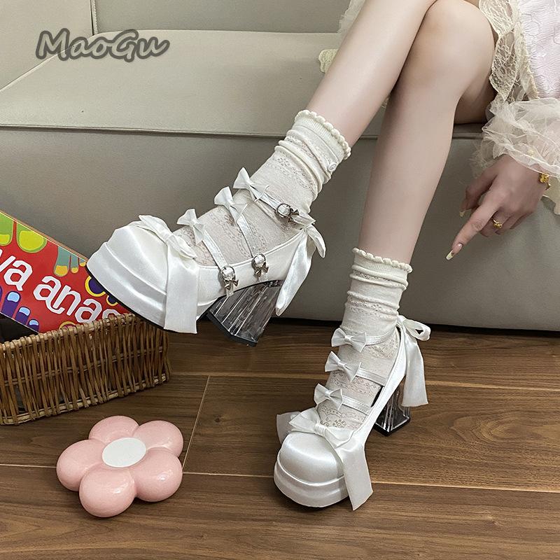 Pantofi Eleganti Lolita pentru Femei Drăguți Dulci Satin Tocuri Înalte Fundă Fluture Platformă Tocuri Înalte Masive Transparente Pantofi cu Toc Alb Negru 35