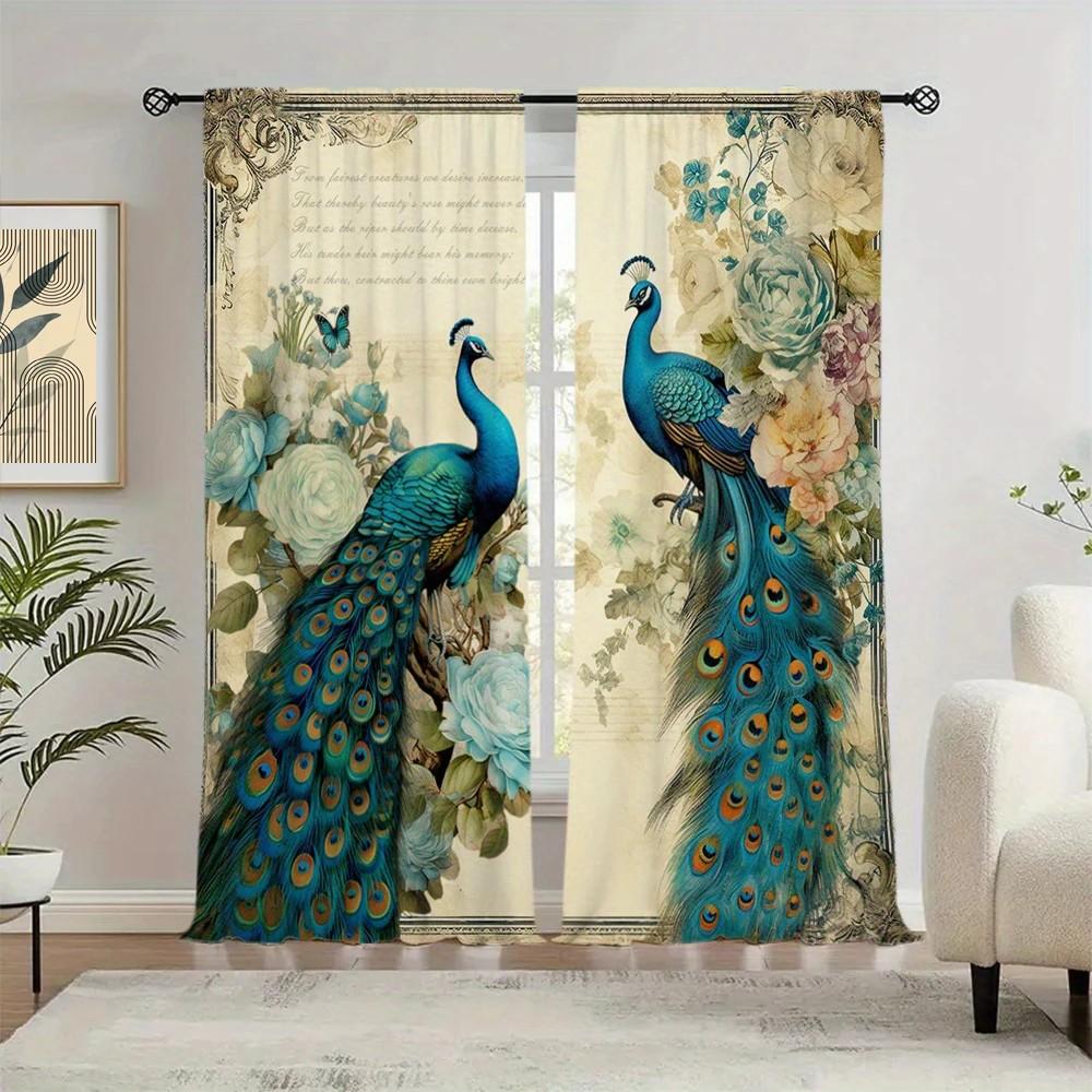 Set Of 2 Jit Floral Peacock Print Curtain Design Drapes Window Decor Home Curtains Made Polyester