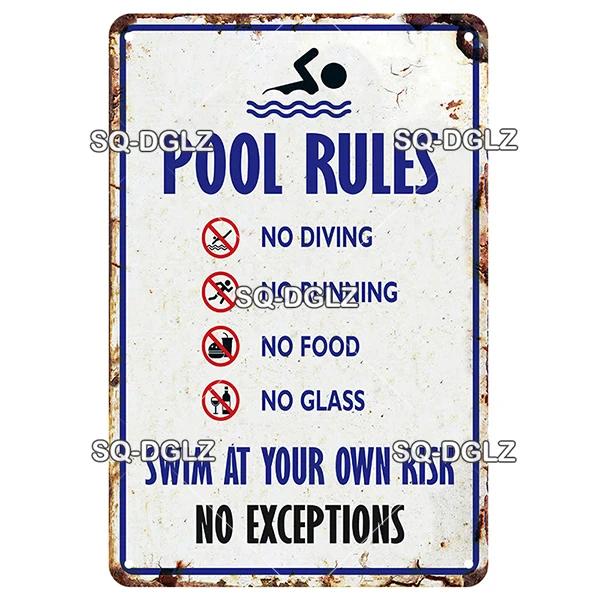 SQ-DGLZ Vintage Warnung Pool Regeln Metall Schild Platte Blechschild Platte Home Bar Tür Wand Dekor Aufkleber Dekoration Plaque Poster