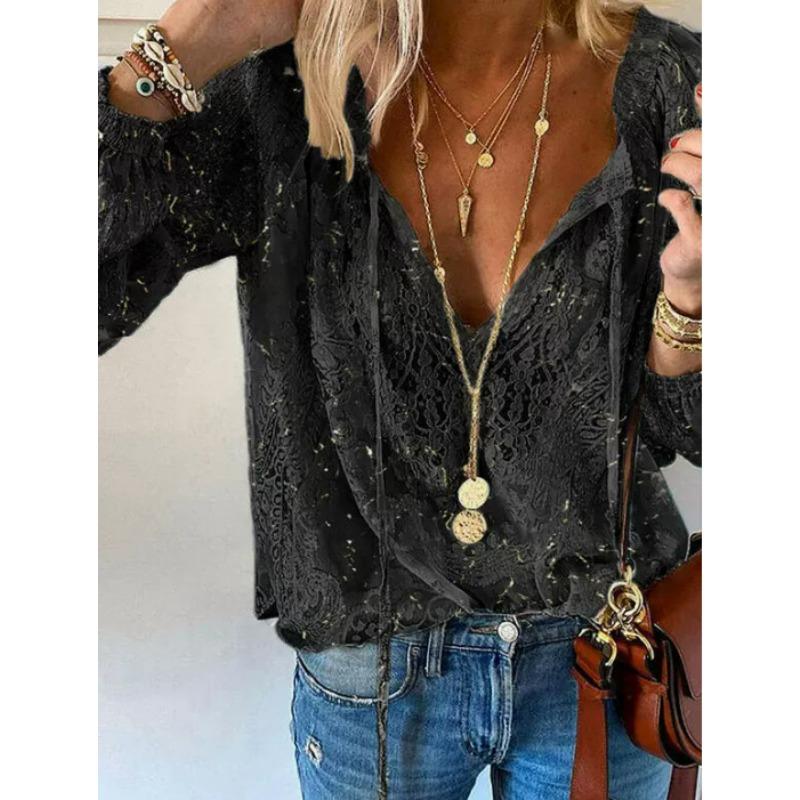 Damen Spitze Patchwork V-Ausschnitt Langarm Bluse Lockere Passform Lässiges Pendler Oberteil Shirt