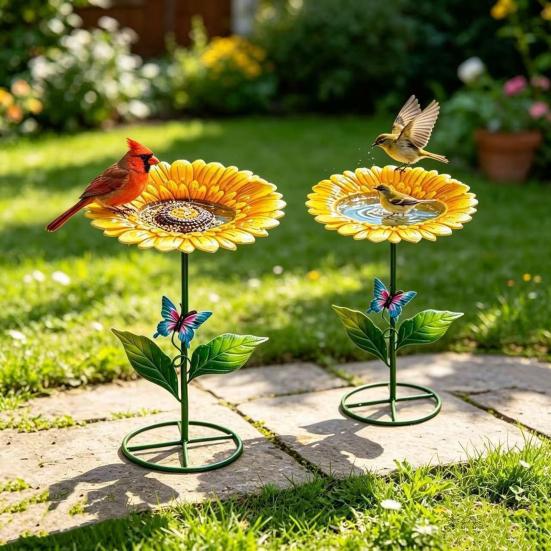 Yangyizhi Metal Sunflower Bee Feeder, Lotus Leaf Butterfly Cup, Outdoor Watering Station, Pollinators Bath Bowl for Garden Yard Lawn Decor