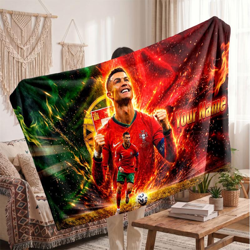 Personalisierte Fleece-Decke Cristiano Ronaldo mit Fußball-Logo, Individueller Name Text Weich Warm Home Überwurfdecke