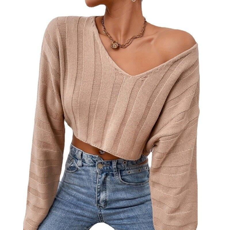 Autumn Long Sleeve Women Pullovers Sexy Short Tops V-Neck Midriff-baring Sweaters Casual Loose Solid Knit Clothes 28489