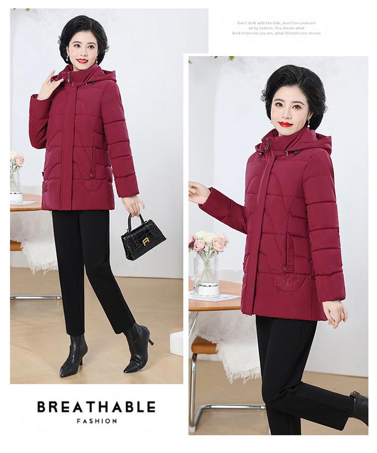 Women's Autumn and Winter Coat Solid Color Stand Collar Hooded Thick Embroidered Pocket Middle-aged and Elderly Mother's Coat Women's Jacket