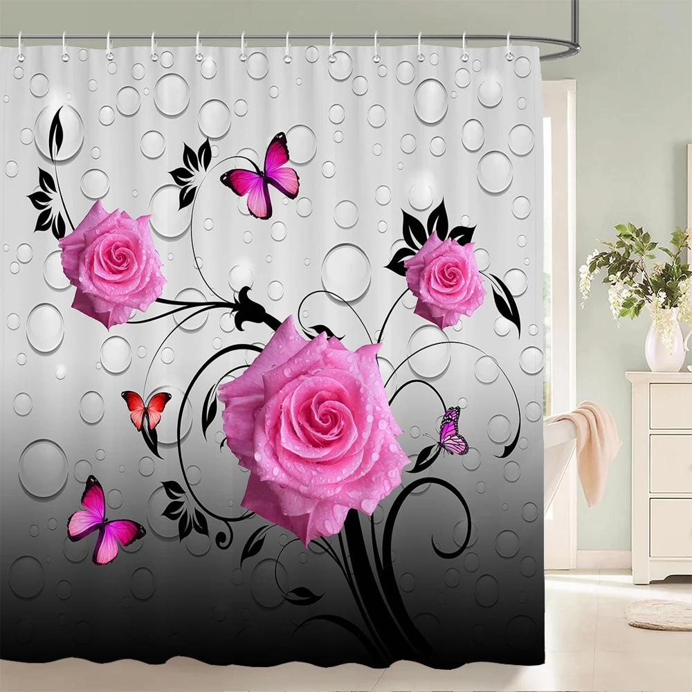 Pink Roses Flowers And Butterflies Shower Curtain Print Modern Nordic Minimalist Polyster Home Decor Bathroom Curtain With Hooks